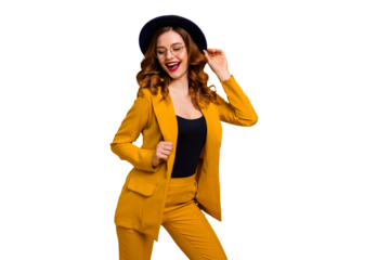 Portrait of her she nice charming cute attractive lovely fascinating adorable fashionable chic cheerful cheery wavy-haired lady wearing yellow jacket isolated on bright vivid shine orange background