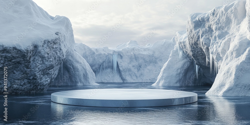 Poster 3D render of a winter platform and natural podium backdrop featuring an ice podium on a frozen lake with an ice canyon suitable for product display advertising mockups and showcases