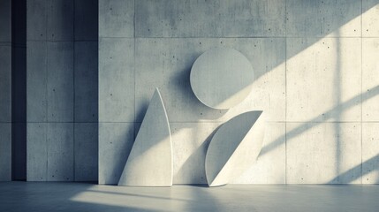 3D rendered architectural interior featuring a concrete wall and geometric shapes