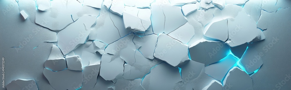 Poster 3D rendering of white stone wall pieces featuring broken textured edges illuminated by neon blue light creating a rubble stone slab background for product display
