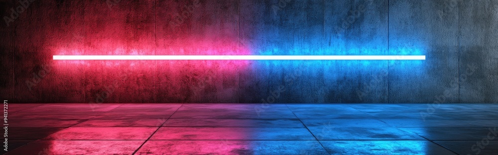 Poster 3D rendering of a concrete wall and floor with a neon rectangle in blue and red lighting