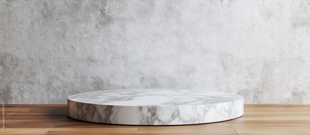 Poster 3d marble display podium positioned on a wooden floor in front of a white concrete wall realistic re