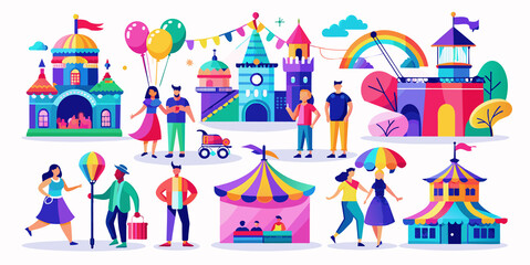 Set of attending local events or festivals scenes. Cartoon images isolated on white background. Vector illustration.