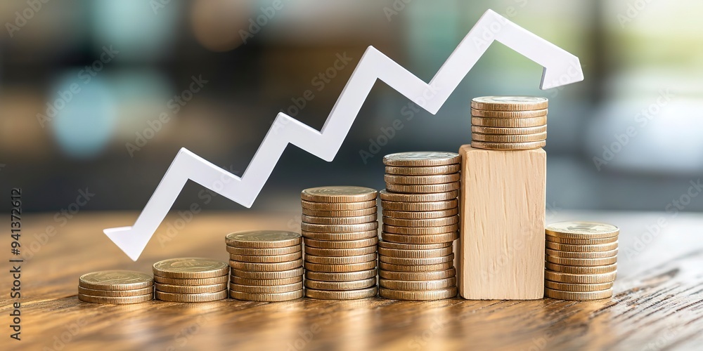 Aufkleber coins stacking on wooden cube block with white down arrow and difference size percentage for financi