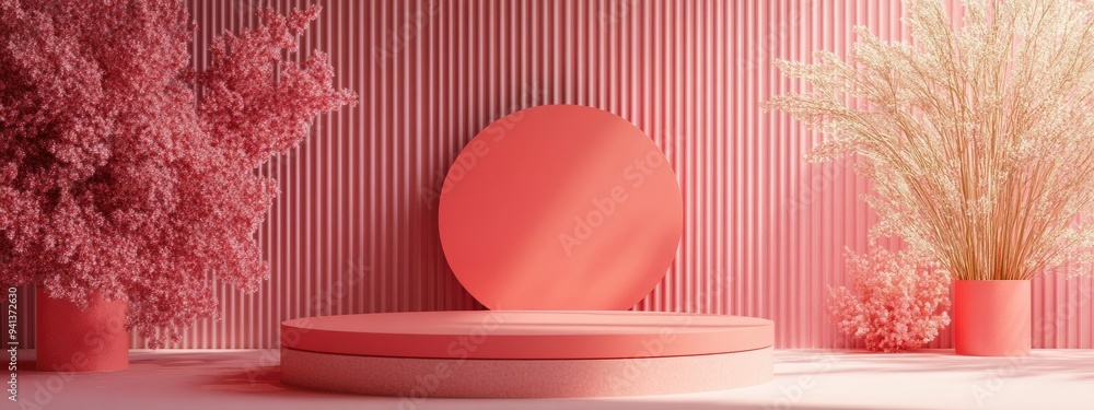 Poster 3d rendering of a blank backdrop for cream cosmetic products featuring a modern red podium