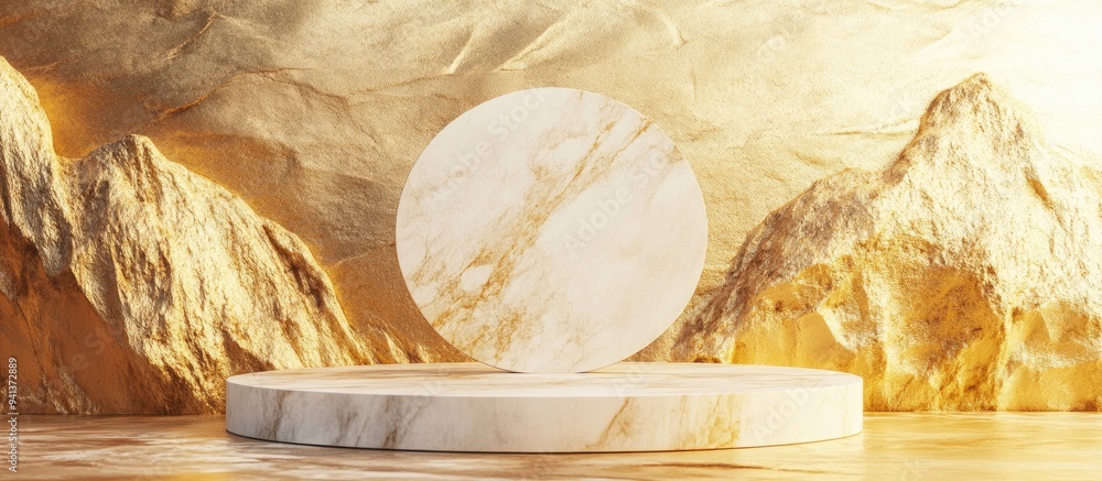 Poster 3D illustration of a marble frame designed for displaying messages and products on a golden marble background