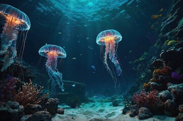 Underwater fantasy world. The dark bottom of the ocean, the abyss. 