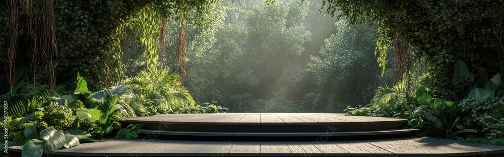 Poster 3d rendering of a stage surrounded by greenery