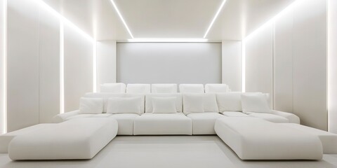 A minimalist white home theater with plush couches and recessed lighting
