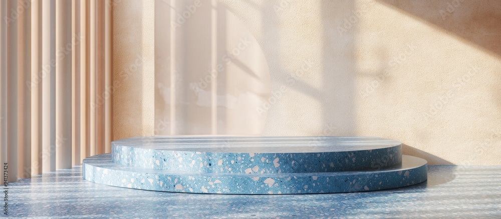 Poster 3d rendered image of an empty mockup podium featuring terrazzo and blue colors set against a portrai