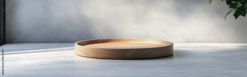 Aufkleber 3d rendering of a wooden plate on a light concrete surface for showcasing products featuring a minim
