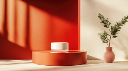 3D rendering of a neutral background for cosmetic cream showcasing a modern red podium