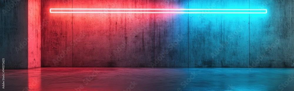 Poster 3d rendering of a concrete wall and floor with a neon rectangle in blue and red lighting