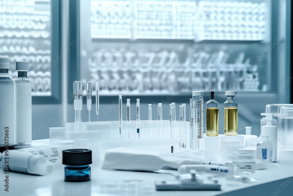 Poster clean laboratory setup with test tubes, vials, and chemical solutions arranged neatly on a table for