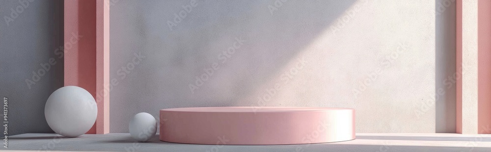 Poster 3d gray backdrop featuring a product display podium with a pink geometric platform