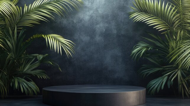 3D render of a podium display against a dark background featuring tropical palm leaves An abstract natural setting ideal for promoting products related to spa body care relaxation and wellness