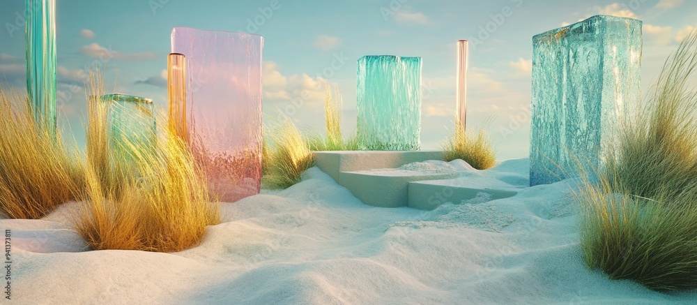 Poster 3D rendering of an imaginative landscape featuring vibrant grass and sand A podium and display are set against a backdrop of abstract glass shapes and objects creating a futuristic fantasy scene