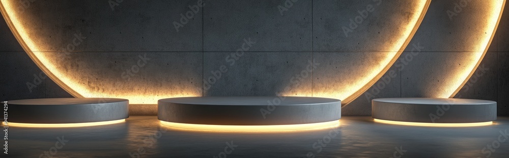 Poster 3D rendering of three vacant sci fi podiums suitable for product presentation