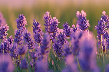 Fototapeta premium Closeup of purple lavender flowers blooming in a field at sunset.