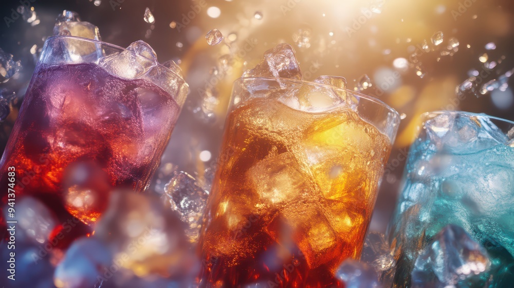 Poster colorful drinks with ice cubes sparkle under bright light, creating a refreshing and vibrant atmosph