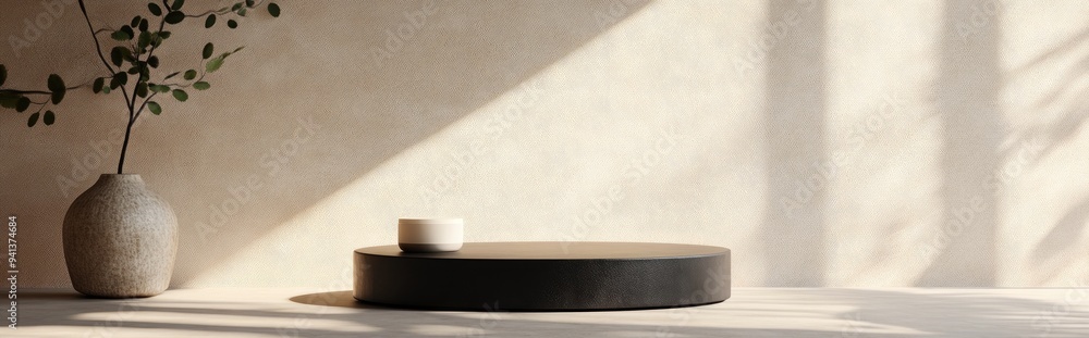 Poster 3d rendering of a minimalistic background for cream cosmetics featuring a sleek black podium