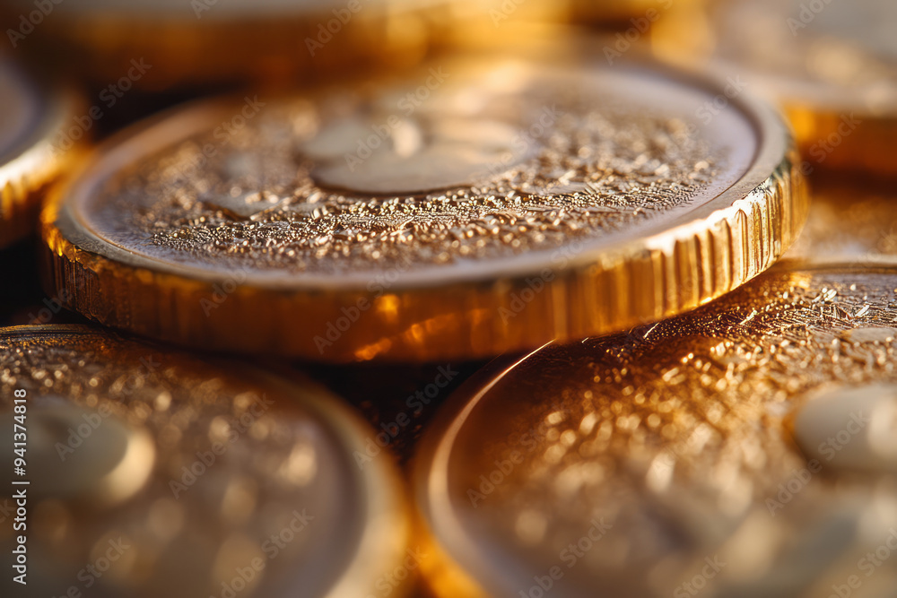 Poster a close-up of gold coins, isolated on a pastel cream background, representing currency and value thr