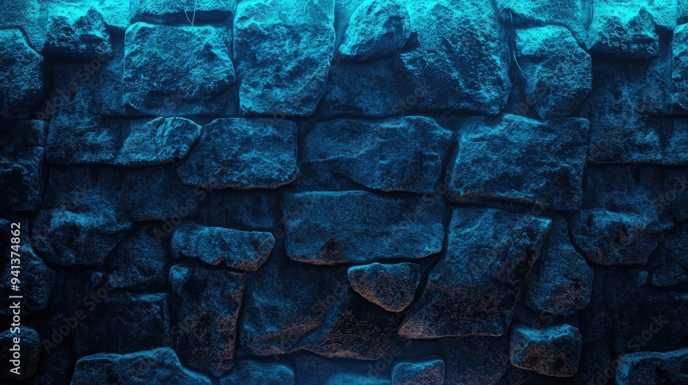 Aufkleber 3D rendering of a stone wall featuring broken textured edges illuminated by blue neon light showcasing rubble stone slabs suitable for product display backgrounds