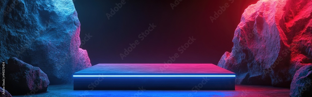 Aufkleber 3D rendering of a presentation podium situated between two rocks ideal for display or advertising use 3D illustration