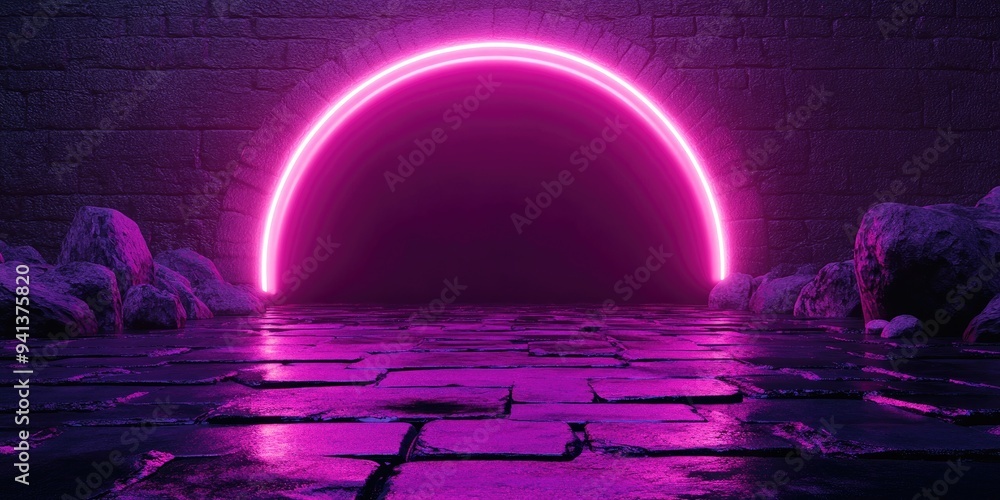 Aufkleber 3D render featuring an abstract ultraviolet background with cobblestones dark rocks and a glowing neon arch showcasing a liquid floor with reflections ideal for product presentation in a minimalis