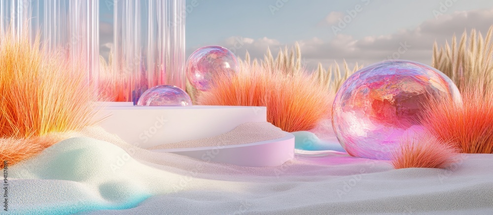 Leinwandbilder 3D rendering of an imaginative landscape featuring vibrant grass and sand A podium and display are set against a backdrop of abstract glass shapes and objects creating a futuristic fantasy scene