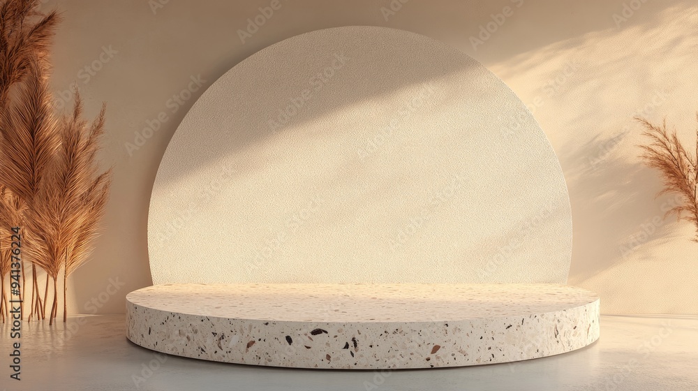 Poster 3d rendering of a blank mockup terrazzo curved podium against a beige circular background wall