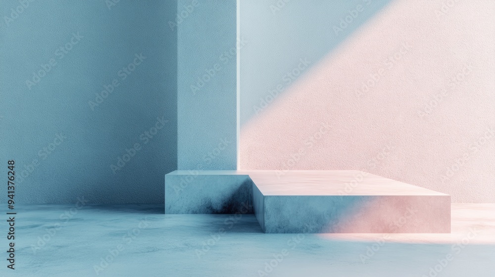 Poster 3D rendering of a pedestal and showcase against an abstract background featuring a minimalist concept with a clean blank space