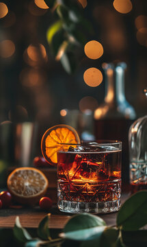 Negroni drink is on the table in an expensive bar or restaurant, a photo for the menu or recipe