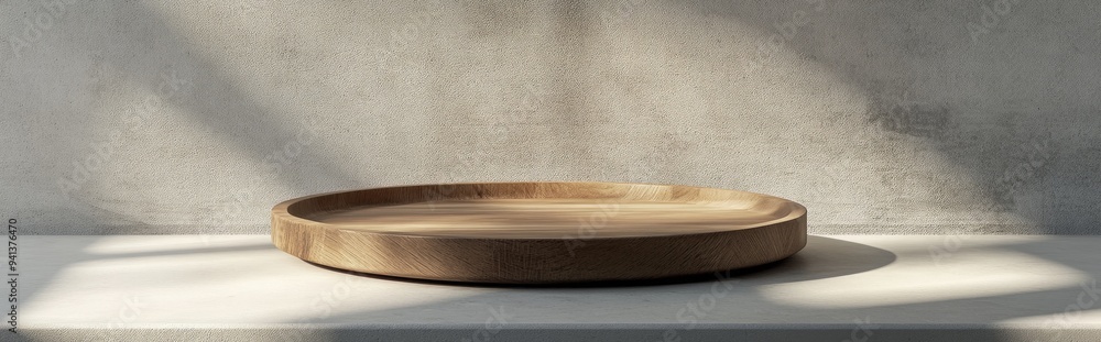 Aufkleber 3d rendering of a wooden plate on a light concrete surface for showcasing products featuring a minim