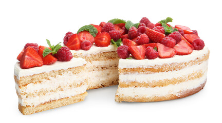 Tasty sponge cake with fresh berries and mint isolated on white
