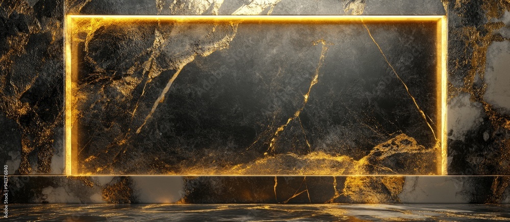 Poster 3d illustration of a marble frame designed for displaying messages and products on a golden marble b