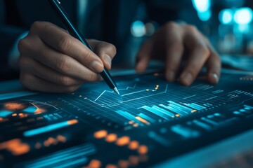 A businessman meticulously charts growth trends and financial data using a digital interface, emphasizing the importance of strategic planning and analysis.