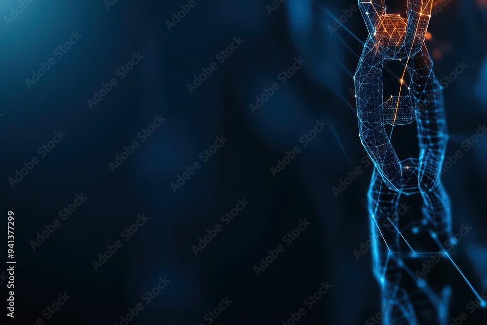 Poster futuristic digital chain link symbolizing connectivity and technology against a dark background with
