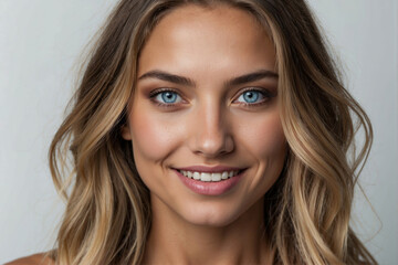 Naklejka premium Close up of young attractive woman with beautiful long hair and blue eyes on white background