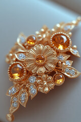 Fototapeta premium A gold brooch with intricate designs, isolated on a pastel beige background, capturing the artistry in goldsmithing,