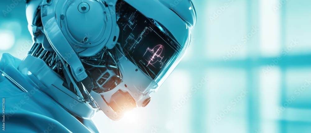 Poster futuristic robot with advanced technology and glowing display, symbolizing the intersection of artif