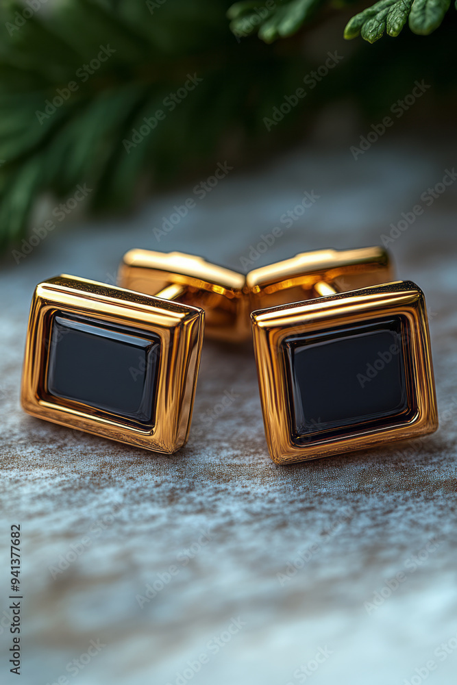 Poster a set of gold cufflinks, isolated on a pastel gray background, symbolizing status and refinement in 
