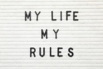 Letter board with phrase My life my rules as background, top view