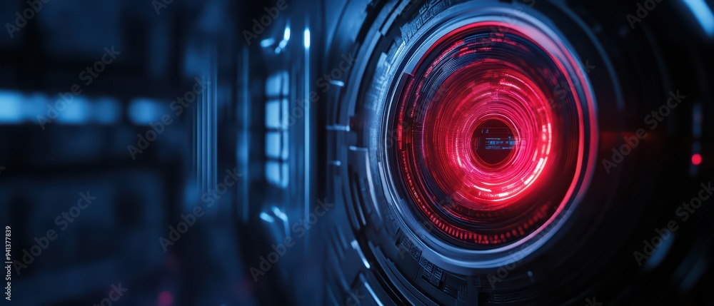 Poster futuristic technology featuring a glowing red circular interface with intricate details, perfect for