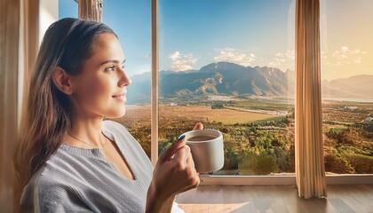 Mujer joven de exito, mirando a traves de la ventana, mientras sostiene un café