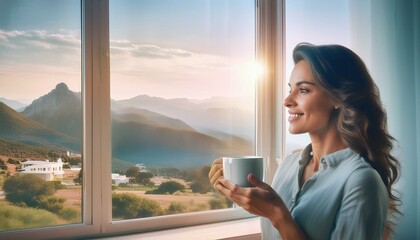 Mujer joven de exito, mirando a traves de la ventana, mientras sostiene un café