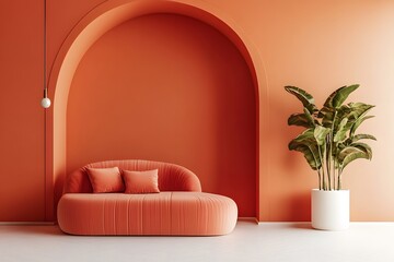 Minimalist interior design of modern living room with vibrant orange arched wall.