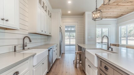 Modern kitchen with white cabinets, farmhouse sink, and wood floors.  The kitchen has a large window overlooking a wooded area. There is a wood stool in the center of the room.