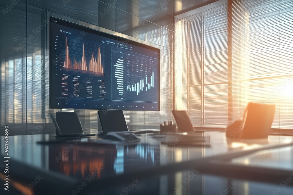 Poster modern office workspace with a large monitor displaying financial data and charts. bright sunlight a