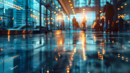 Fototapeta premium A bustling urban scene with reflections on wet floors and people in motion.